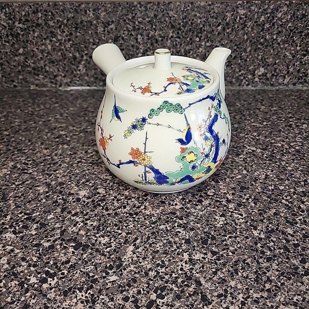 VINTAGE Blue Bird Floral Porcelain Japanese Teapot with Straight Side Handle